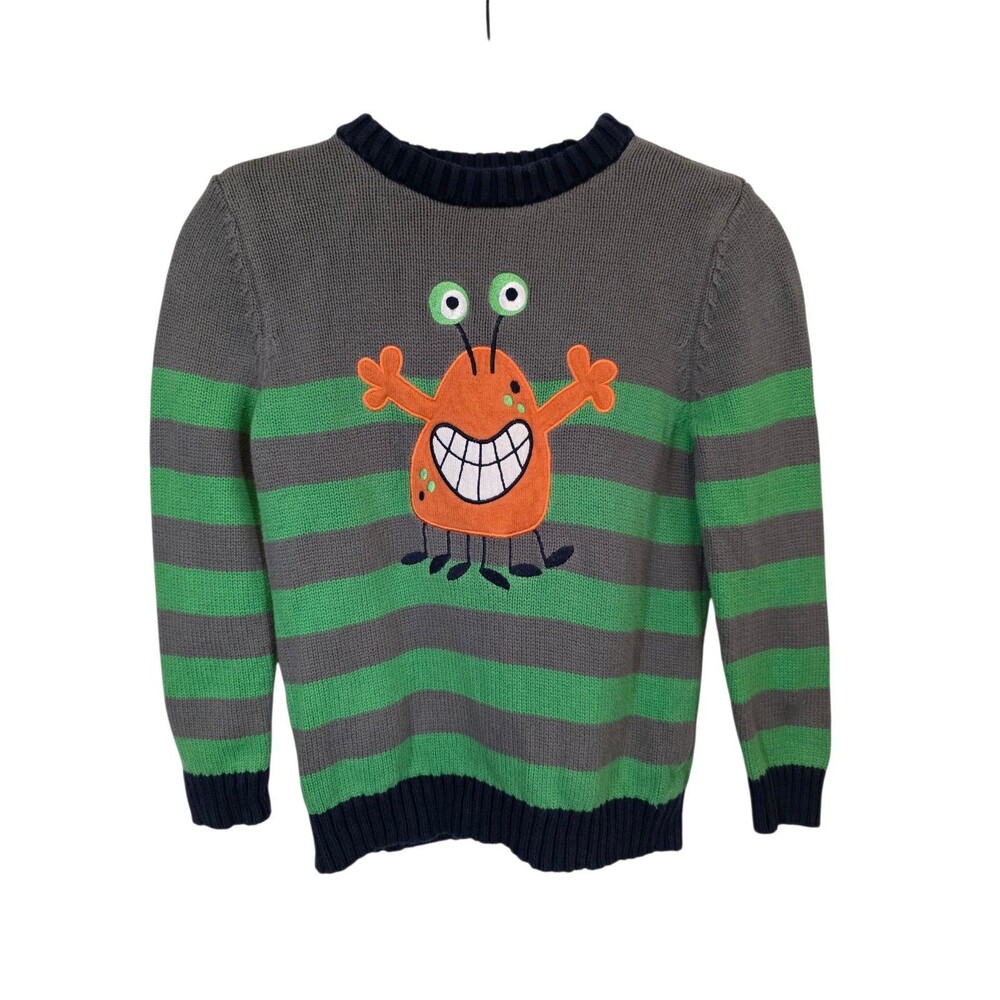 Hanna Andersson Sweater Boys 7 (120) Grey & Green Striped Knit Monster
